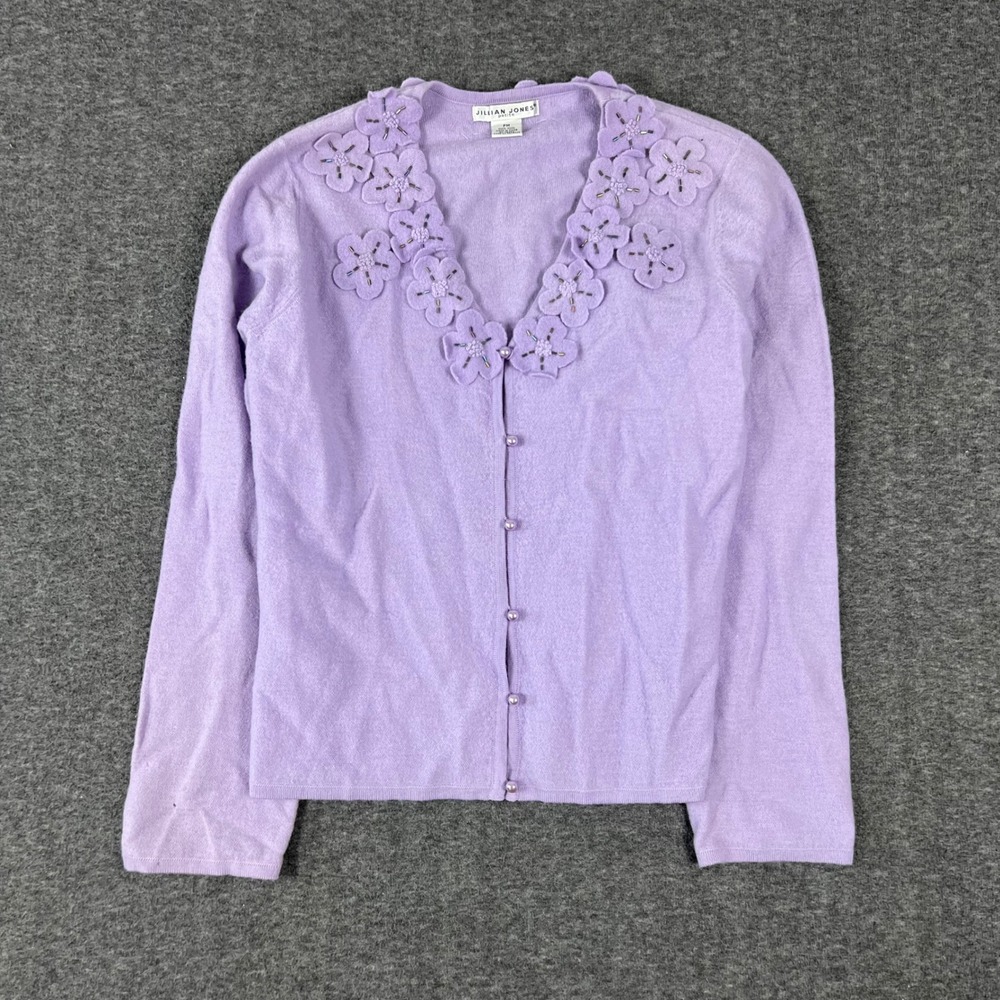 Jillian Jones Floral Cardigan Women PM Purple 100% Wool Beaded Whimsigoth Petite